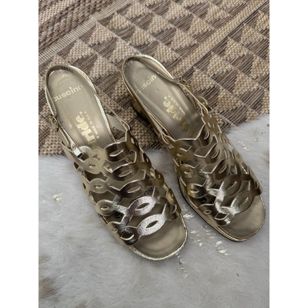 Vintage Life stride Cuscino Made in USA Gold Metallic Caged Block Heel Sandals 8